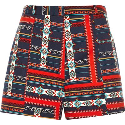 Red geometric print high waisted shorts